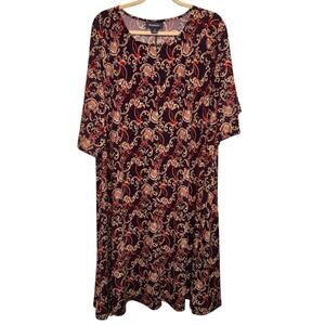 Roaman's 1X Paisley Print Swing Dress Burgundy Boho Plus Size Short Sleeve Flowy